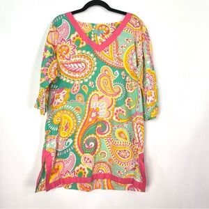 WB Bright Colored Pink Orange Paisley Shift Dress Tunic Top 3/4 Sleeves Medium